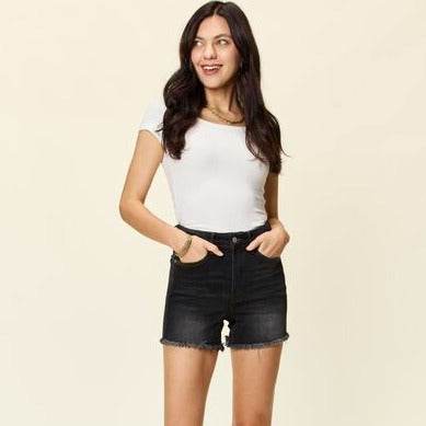 Judy Blue Full Size Tummy Control Fray Hem Women Black Shorts
