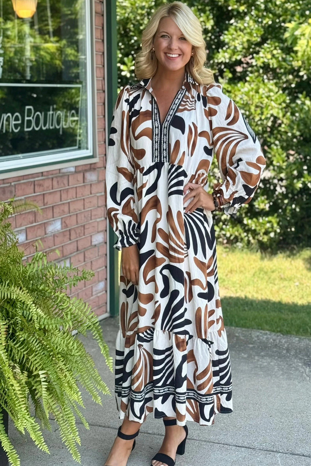 Brown Tropical Print Contrast Trim Neck Long Sleeve Ruffle Hem Dress