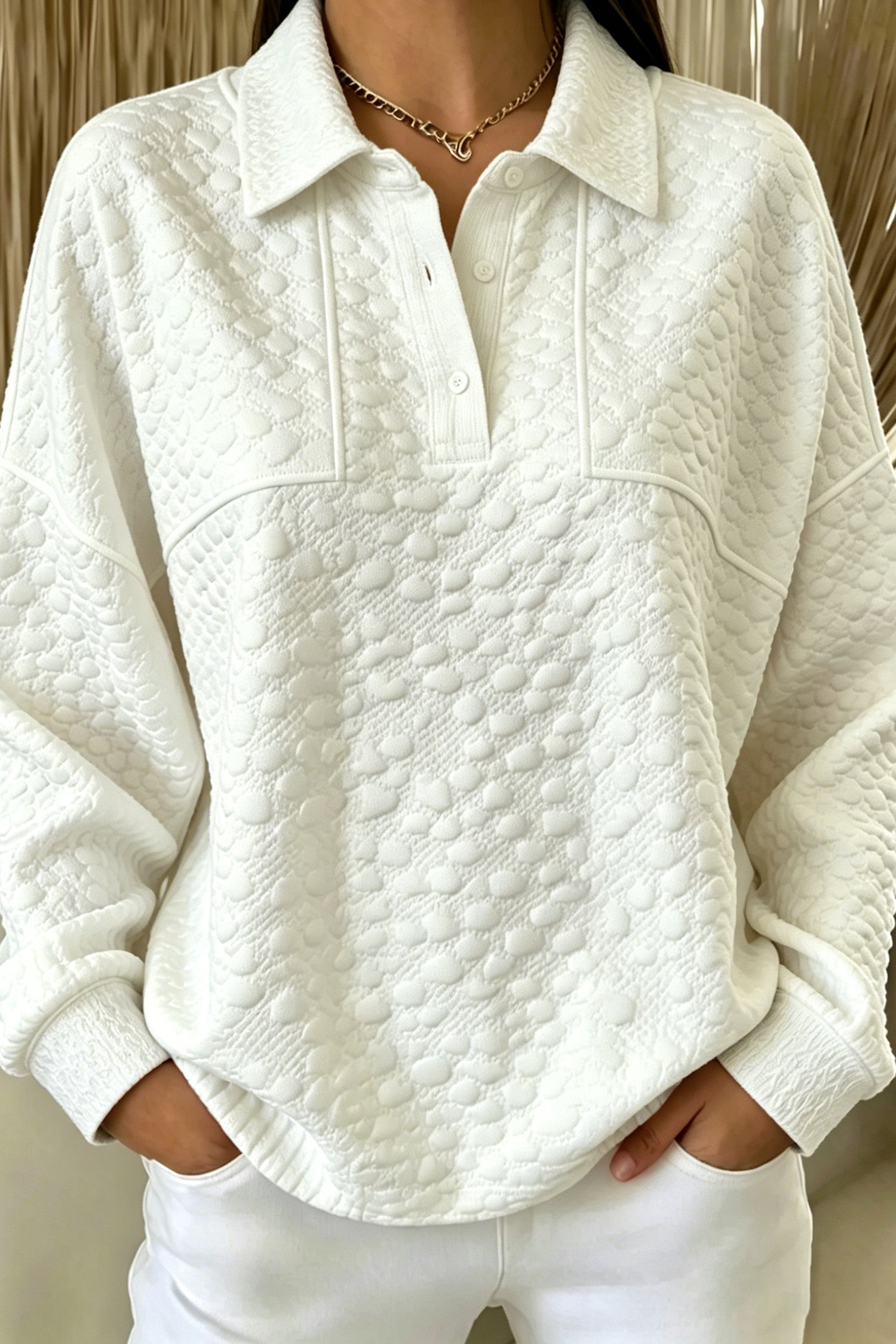 White Solid Color Textured Relaxed Button Collar Pullover Sweatshirt