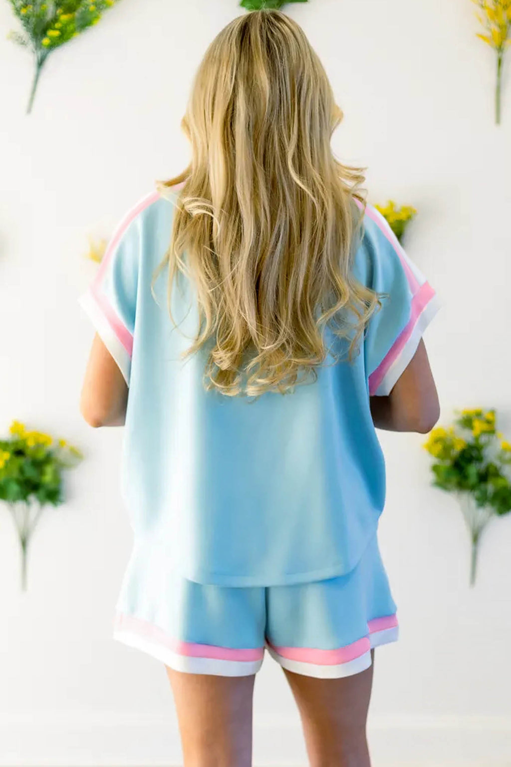Mist Blue Color Block Trim Mixed Flag Pattern Short Two Piece Set