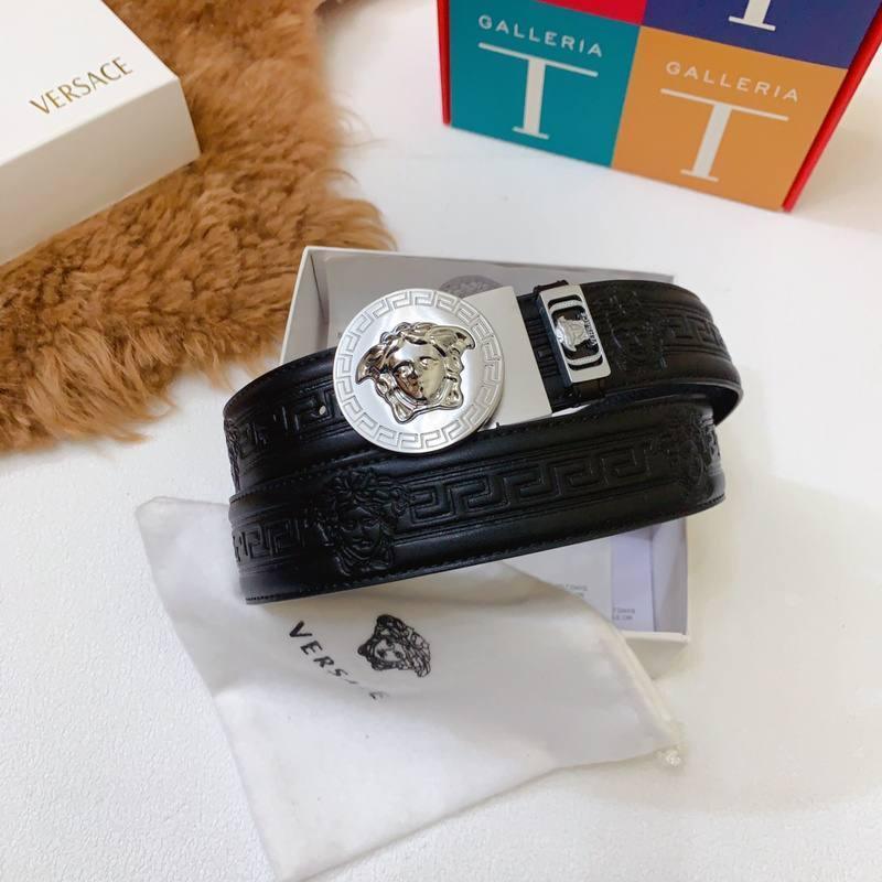 Versace Black Leather Vitello Belt Silver Medallion Buckle Banlieue91