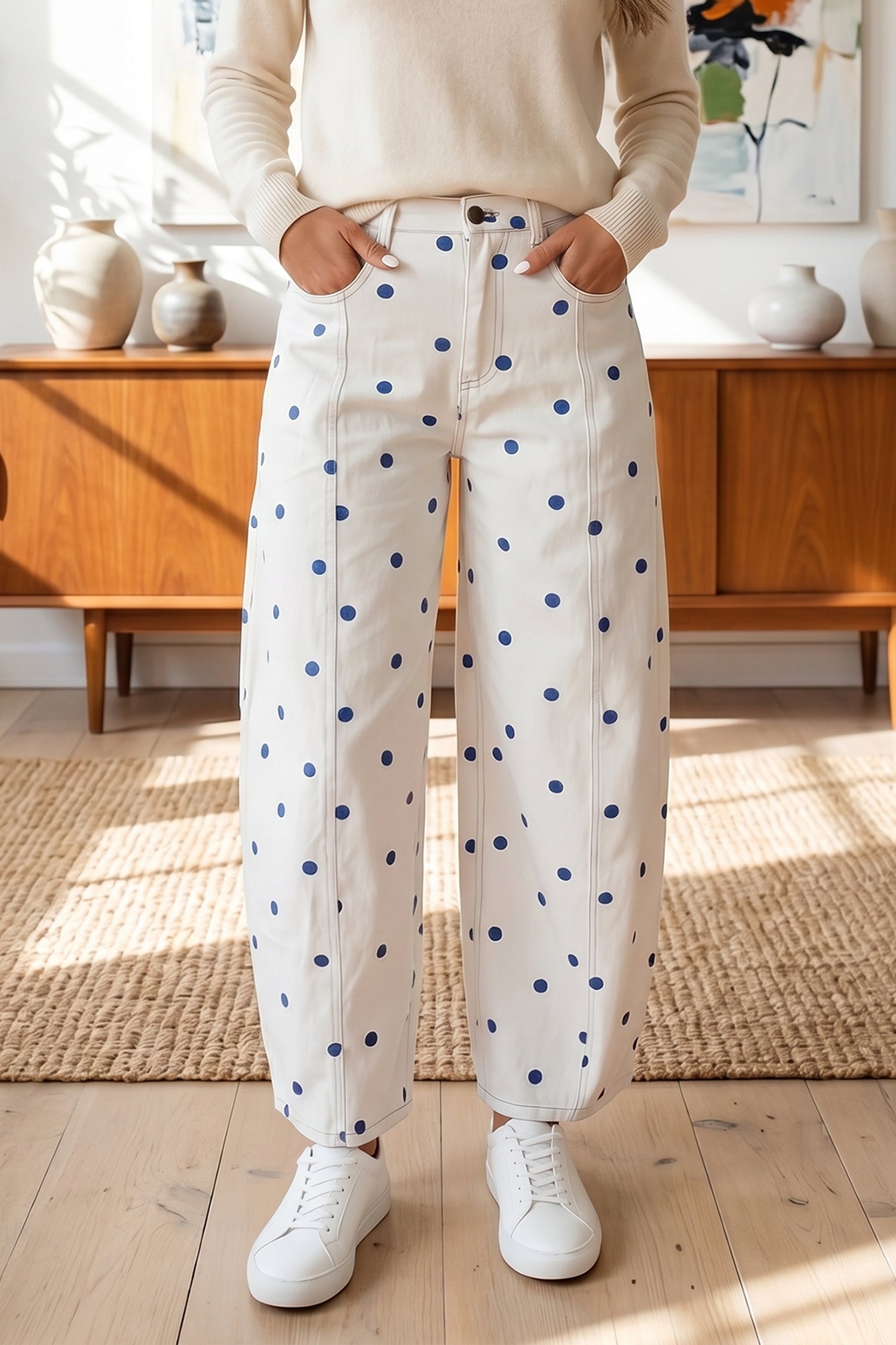 Brown Tailored Seam Polka Dot Print Barrel Casual Jeans Shewin