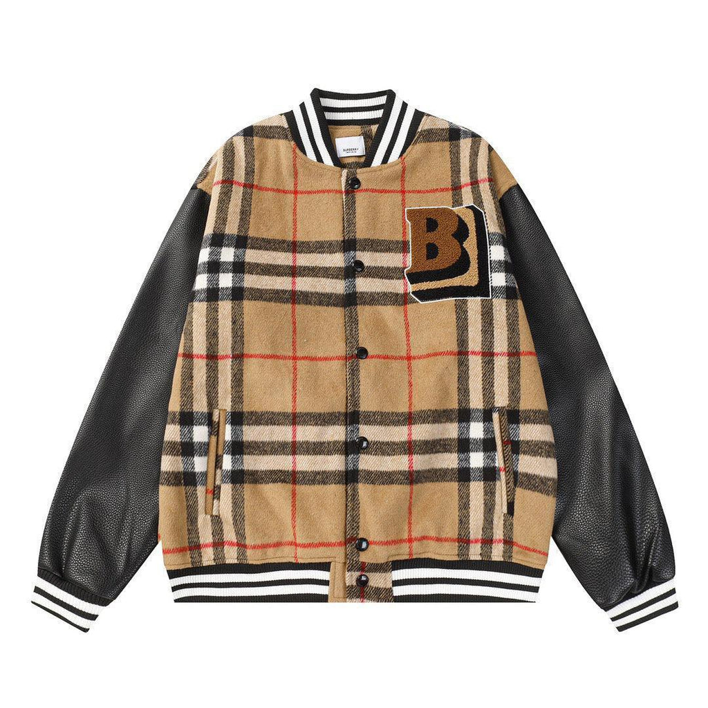 BURBERRY Brown Checked Wool-Blend and Full-Grain Leather Varsity Jacket Banlieue91
