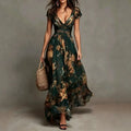 Women's Deep V-Neck Painted Print Chiffon Maxi Dress | Fitted Waist Flowy A-Line Dress FitiqueFit