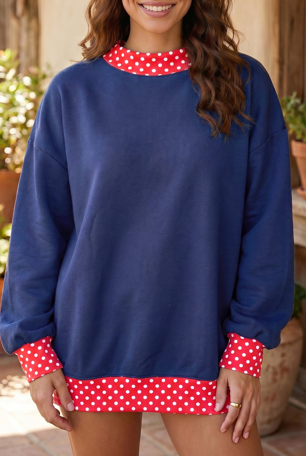 Brown Colorblock Polka Dot Contrast Trim Oversized Sweatshirt Shewin