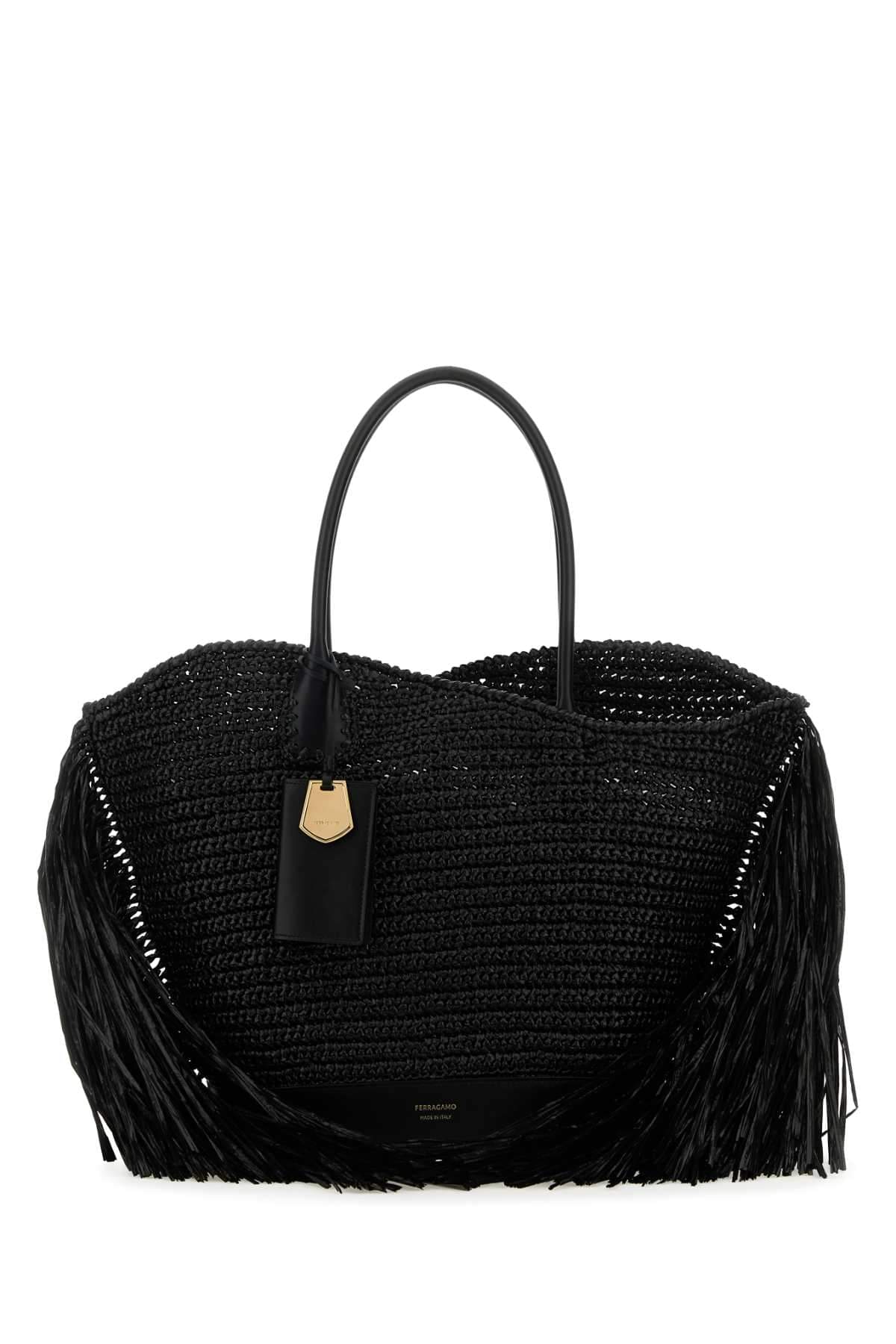 Salvatore Ferragamo Women Black Raffia And Leather Big Shopping Bag Luosophy