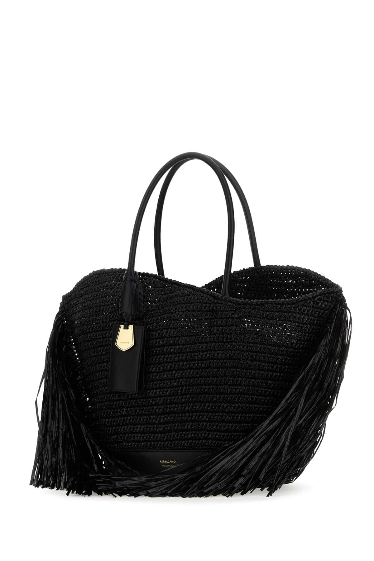 Salvatore Ferragamo Women Black Raffia And Leather Big Shopping Bag Luosophy