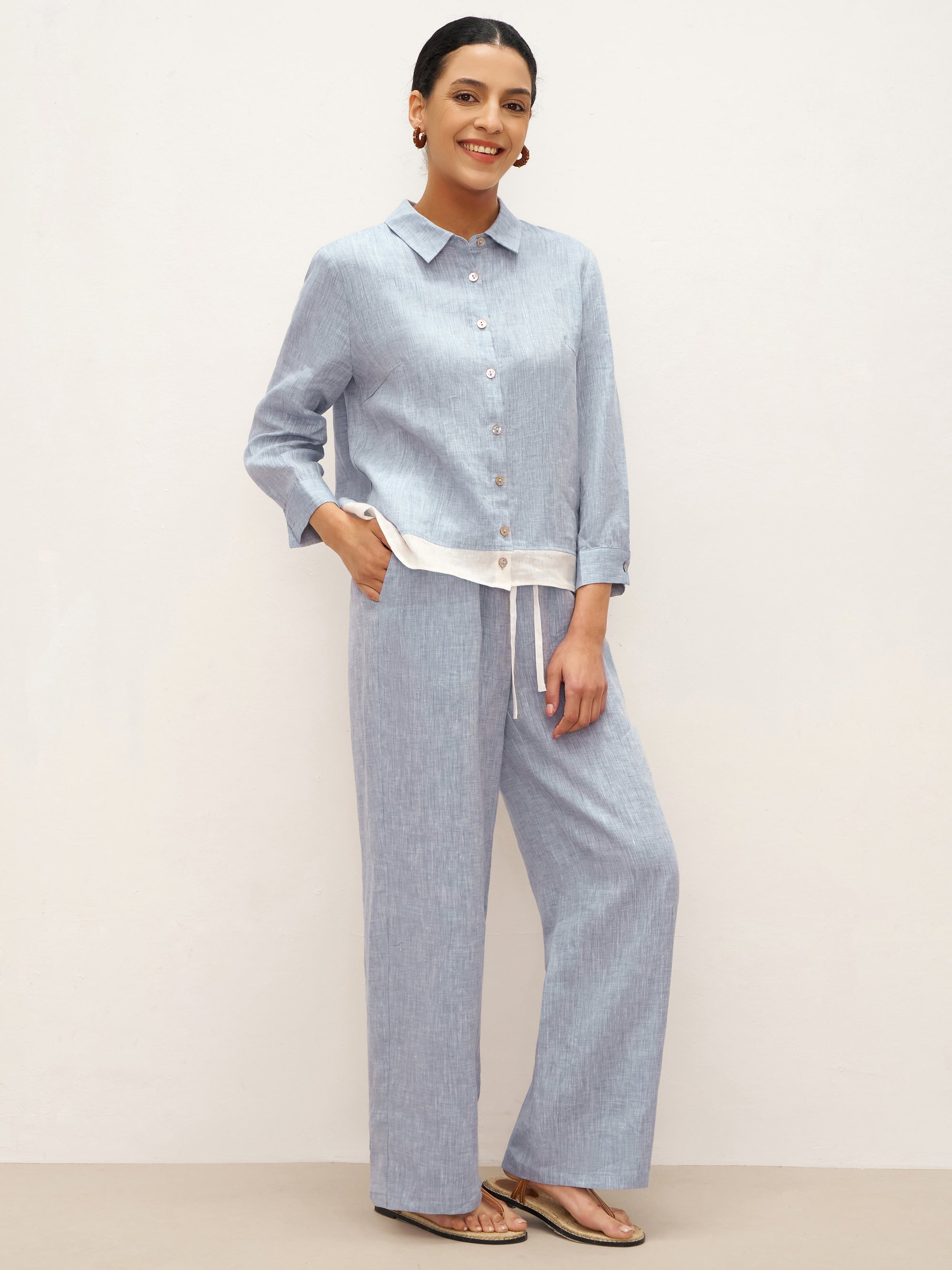 100% Linen Buttoned Closure Color-Blocked Shirt JANICE LINTICO