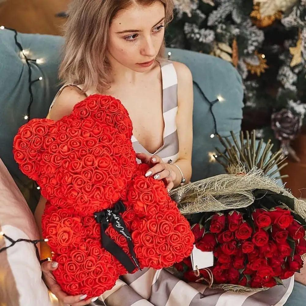 2021 Cute Artificial Flower Rose of Teddy Bear Christmas Decoration for Home Valentines Women Gifts