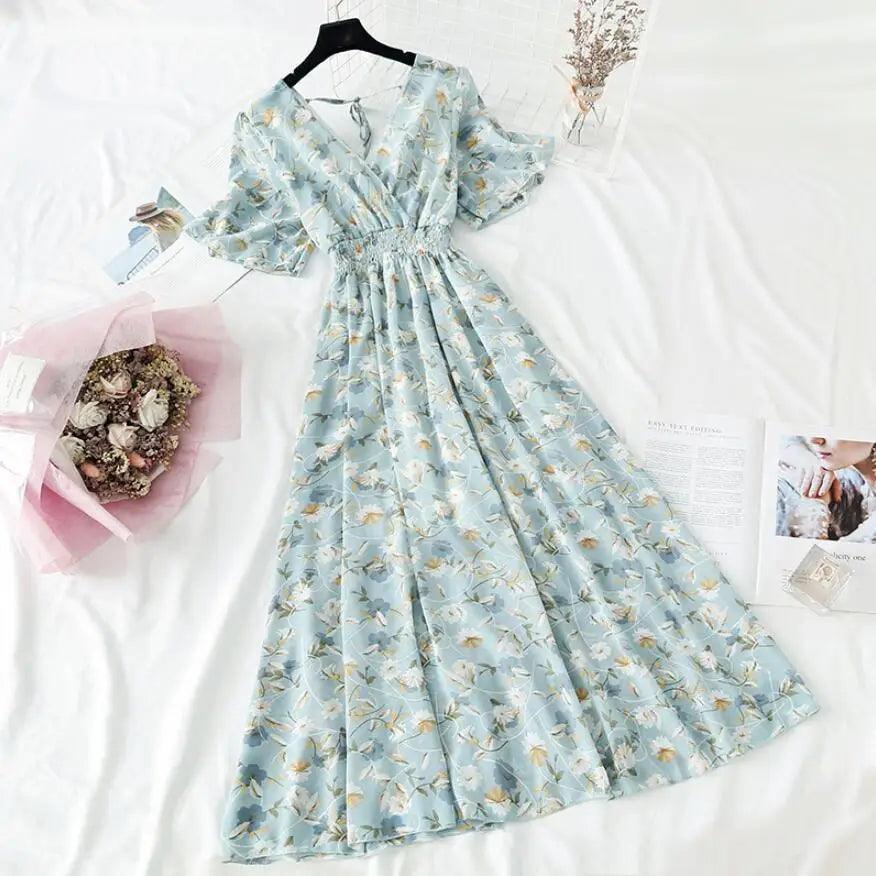 Summer Women Ruffled Short-sleeved Chiffon Dress V-neck High Waist Floral Print Beach Midi Dresses For Women