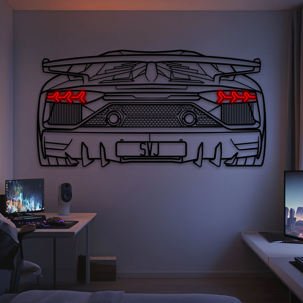 Aventador SVJ Back View Metal Neon Car Wall Art - MTN0262 Modello Turbo
