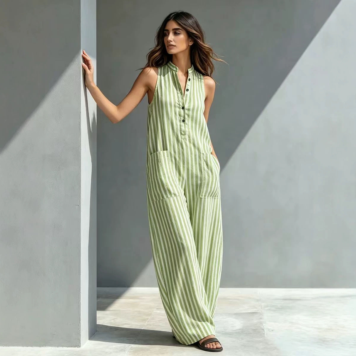 V-Neck Sleeveless Striped Loose Cropped Jumpsuit | 3 Colors S–3XL FitiqueFit