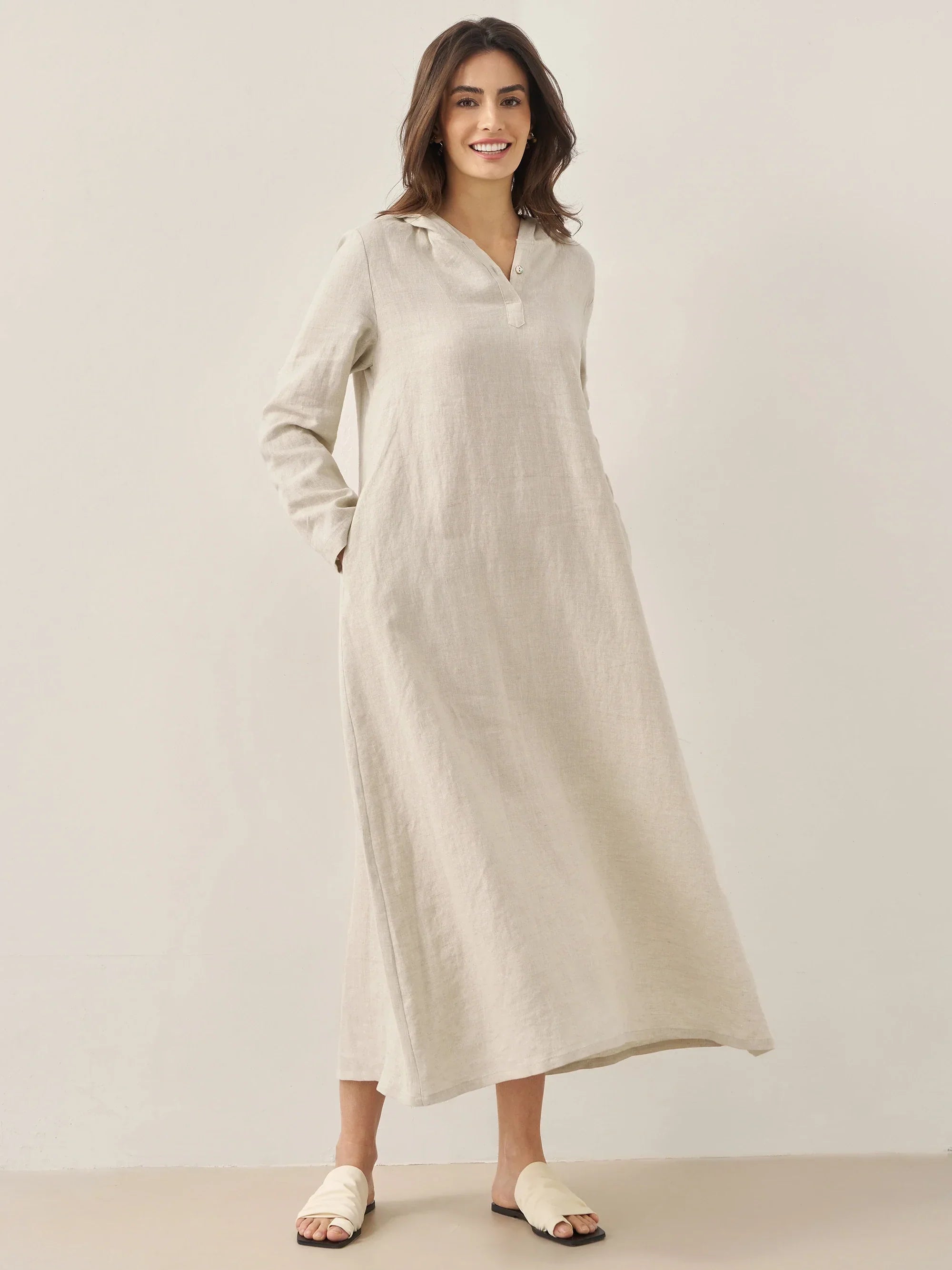 100% Linen Hooded Pullover Midi Dress REBECCA LINTICO
