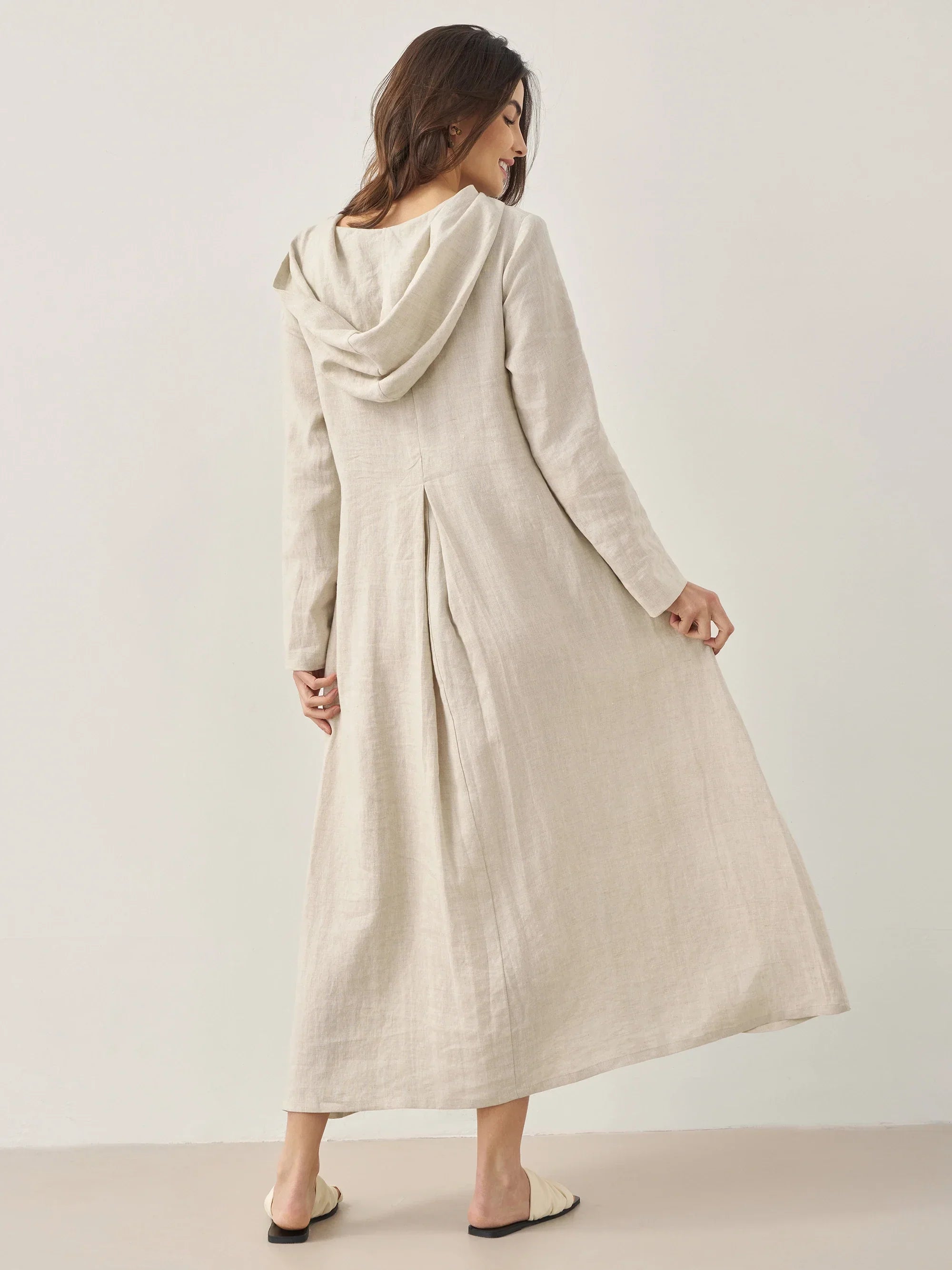 100% Linen Hooded Pullover Midi Dress REBECCA LINTICO