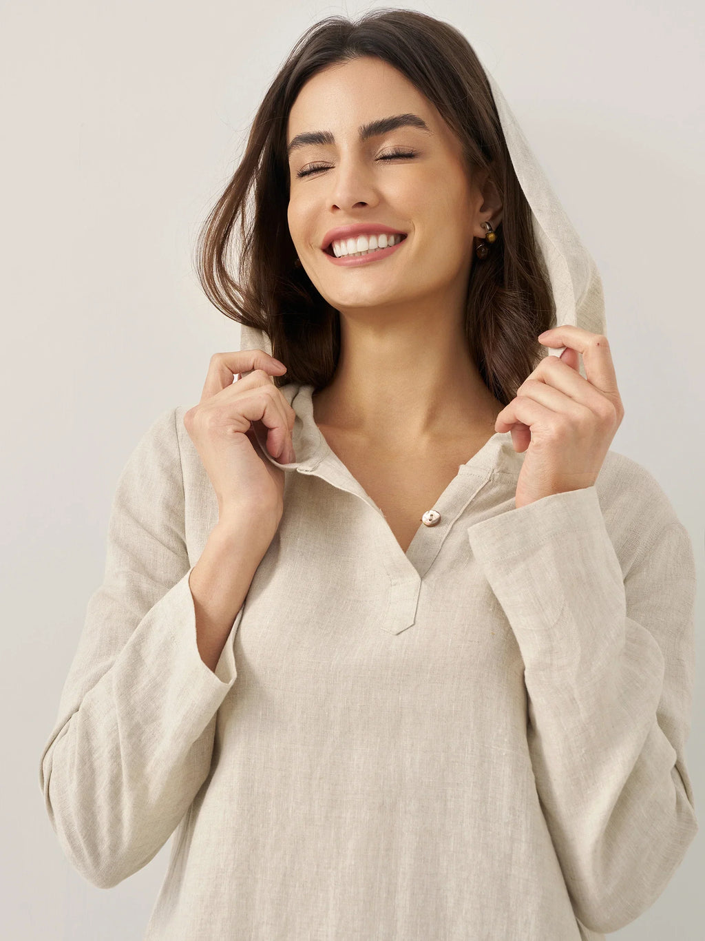 100% Linen Hooded Pullover Midi Dress REBECCA LINTICO