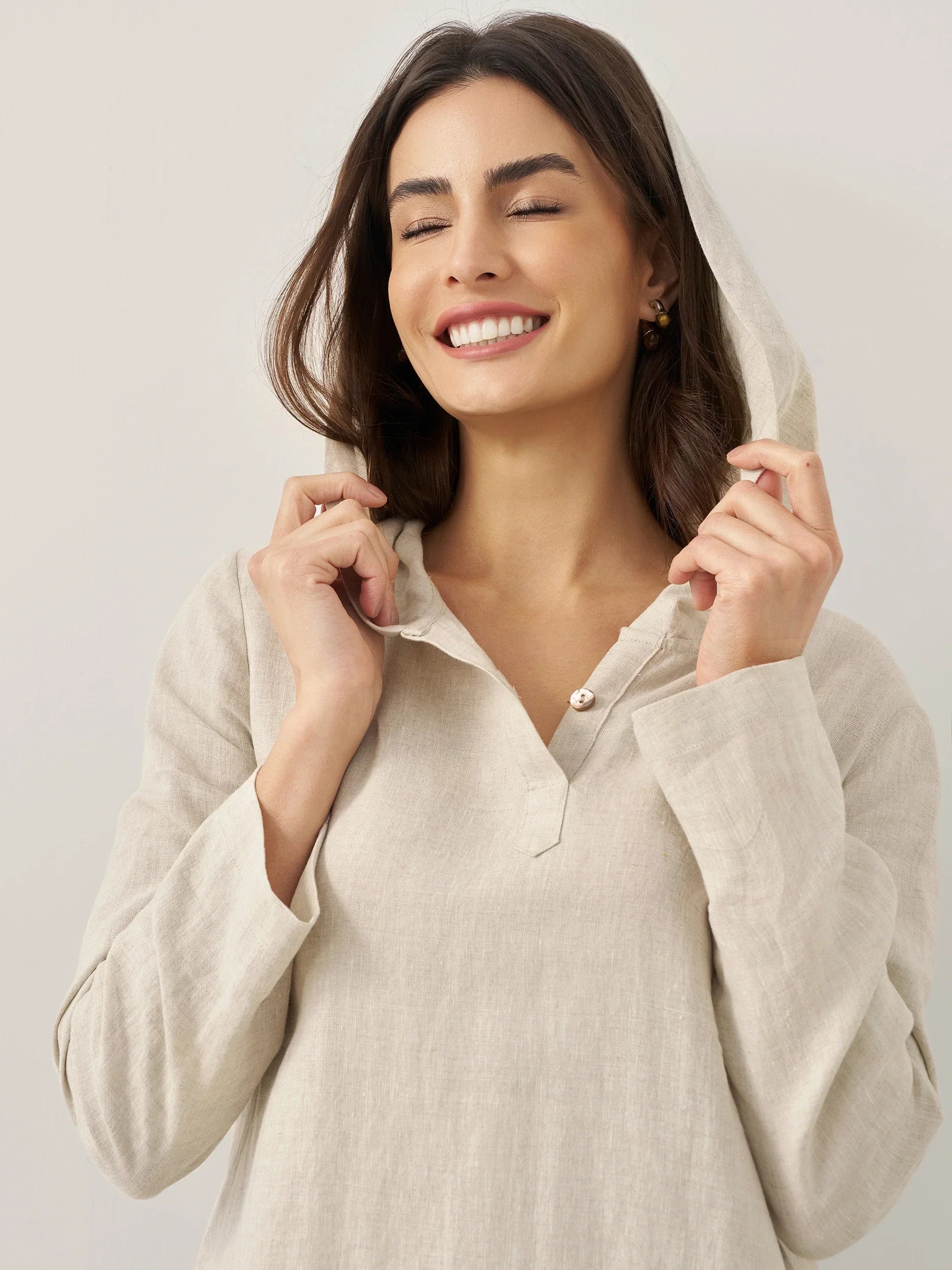 100% Linen Hooded Pullover Midi Dress REBECCA LINTICO