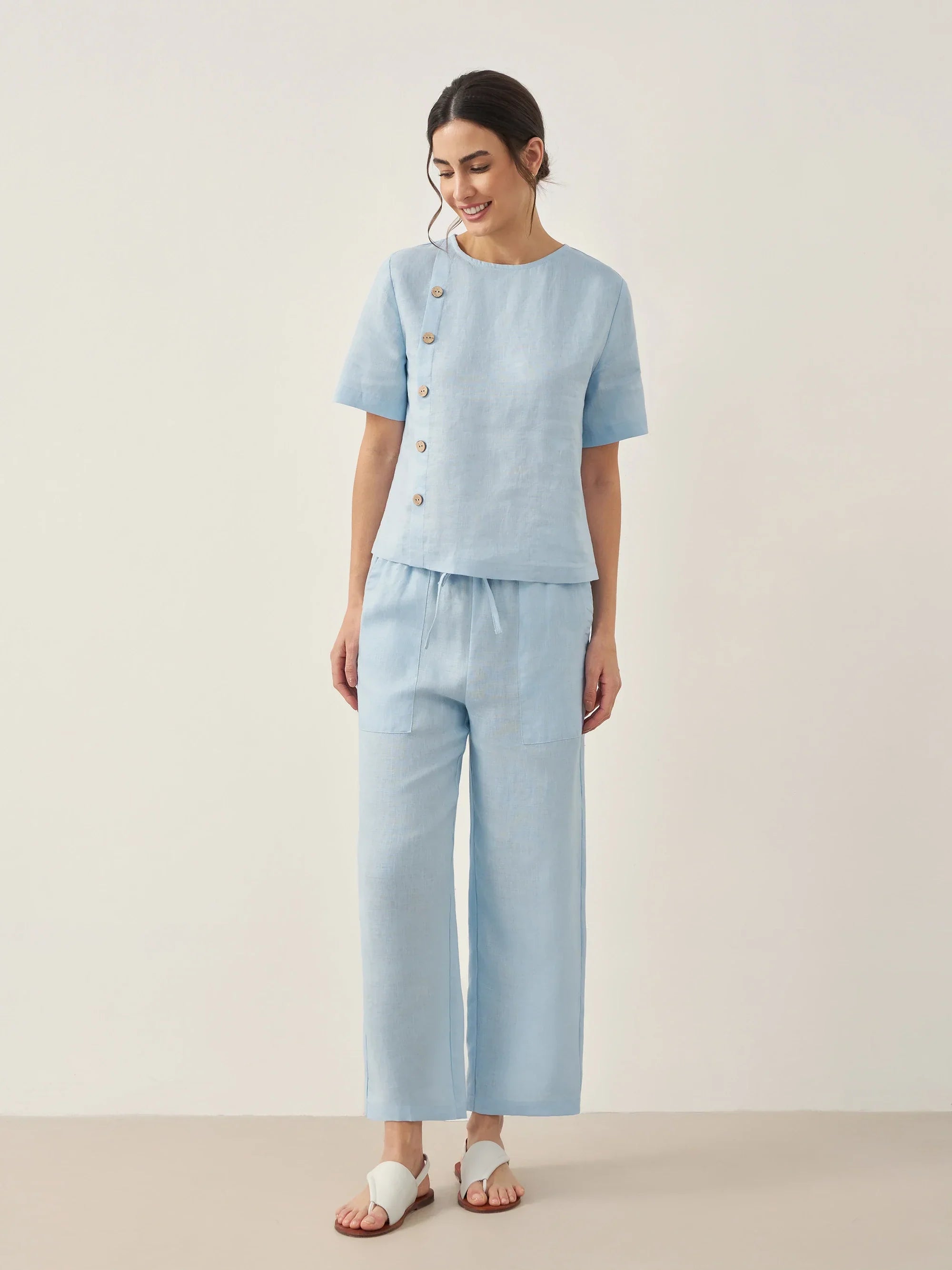100% Linen Short-Sleeve Round Neck Button Detail Top & Pants Set JOSIE LINTICO