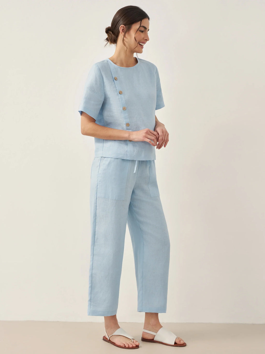 100% Linen Short-Sleeve Round Neck Button Detail Top & Pants Set JOSIE LINTICO