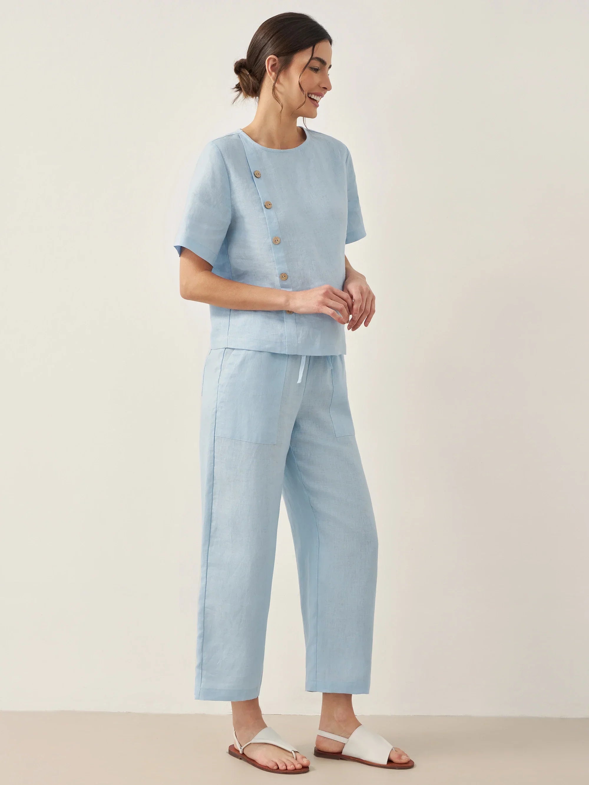 100% Linen Short-Sleeve Round Neck Button Detail Top & Pants Set JOSIE LINTICO