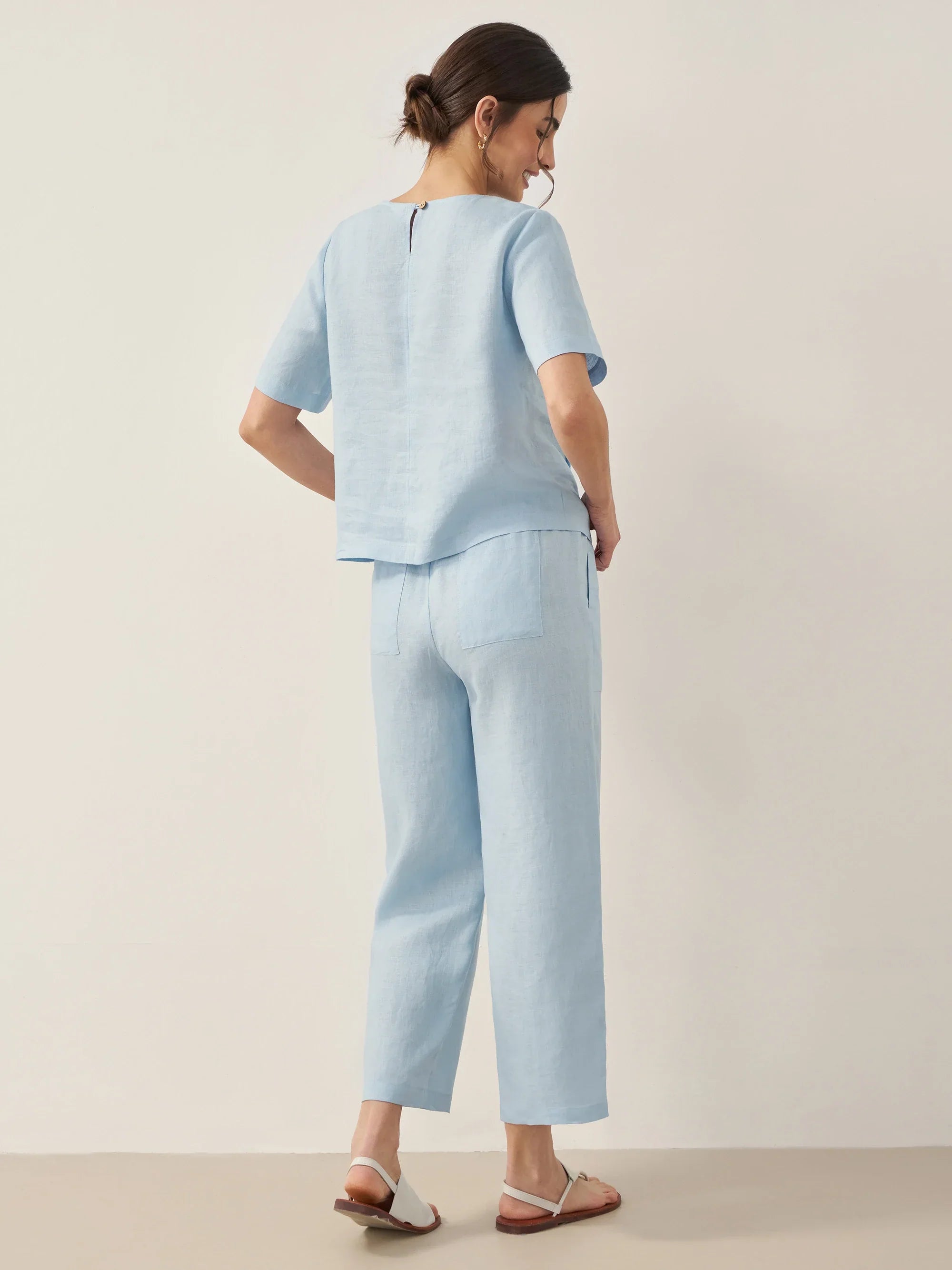 100% Linen Short-Sleeve Round Neck Button Detail Top & Pants Set JOSIE LINTICO