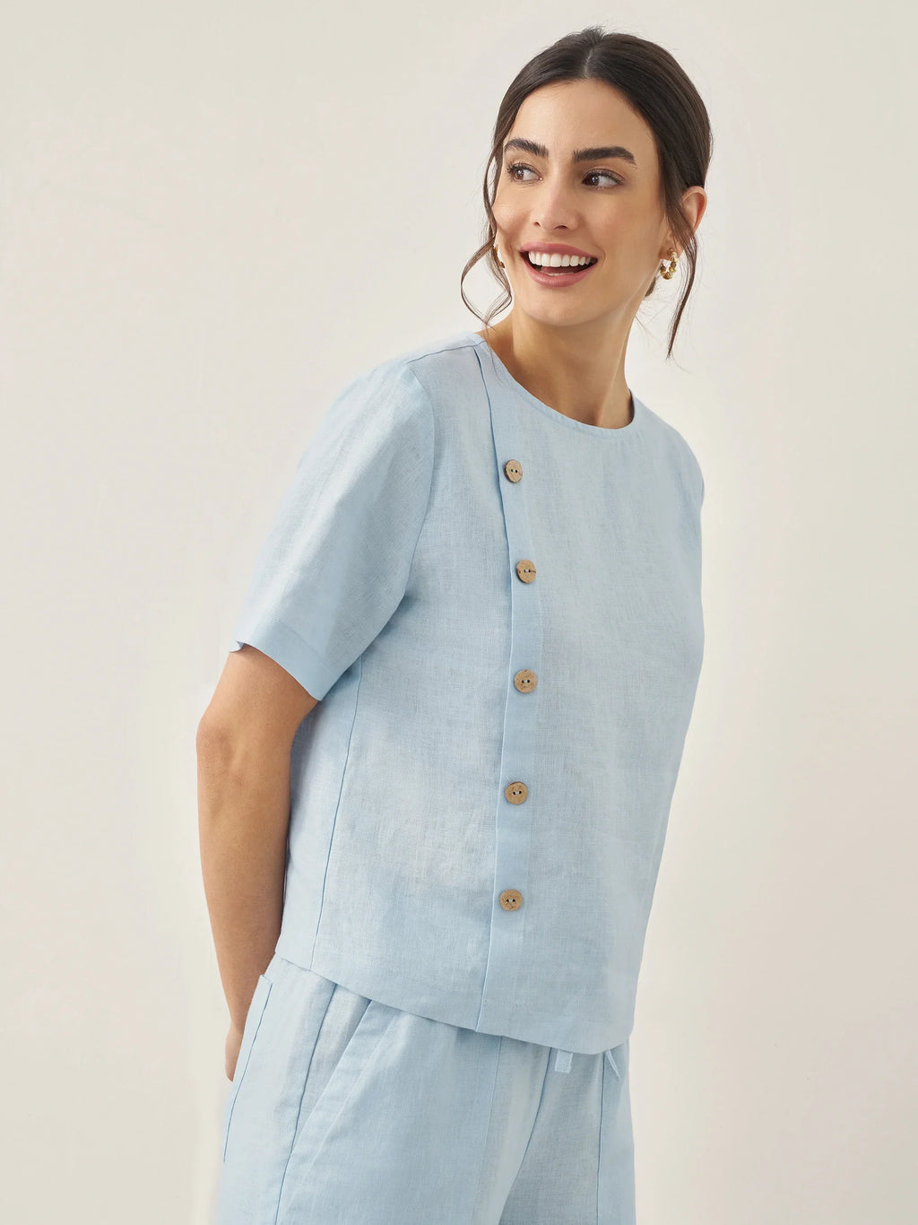 100% Linen Short-Sleeve Round Neck Button Detail Top & Pants Set JOSIE LINTICO