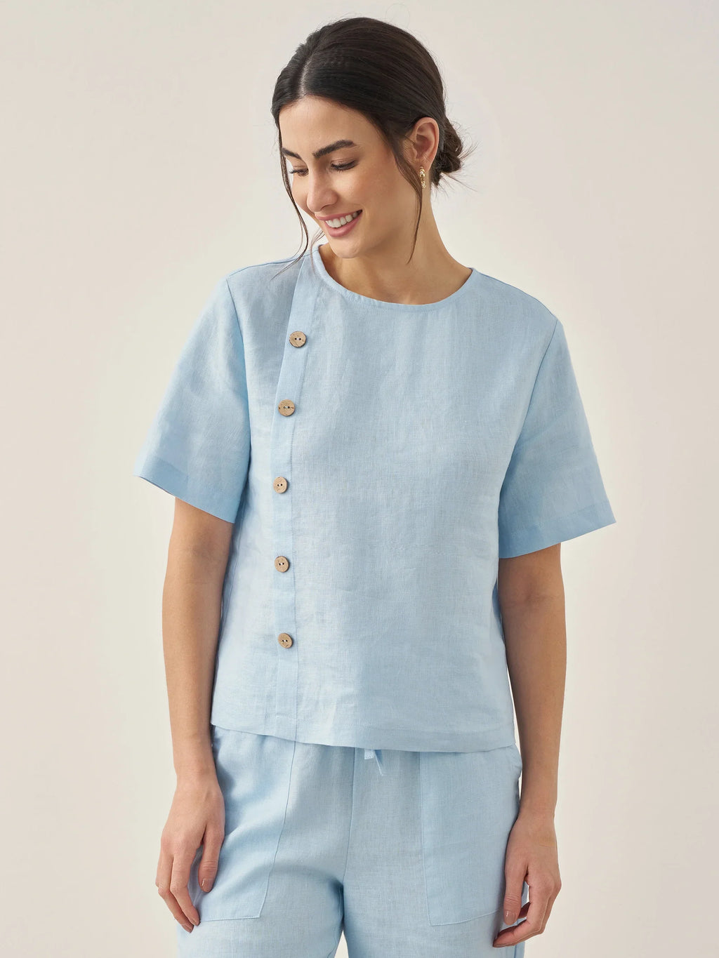 100% Linen Short-Sleeve Round Neck Button Detail Top & Pants Set JOSIE LINTICO
