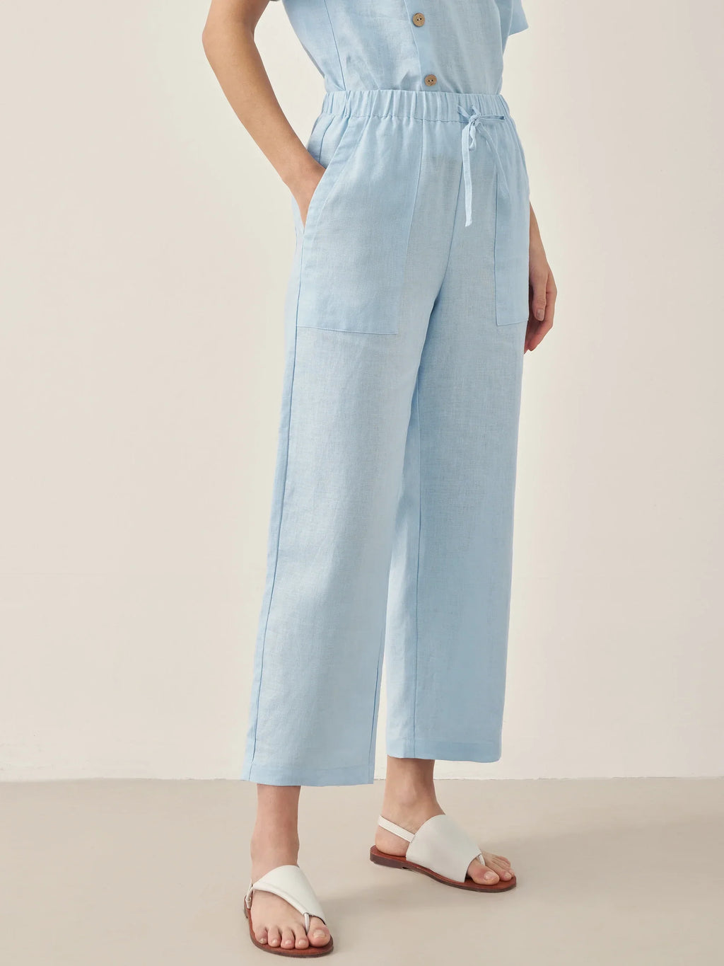 100% Linen Short-Sleeve Round Neck Button Detail Top & Pants Set JOSIE LINTICO