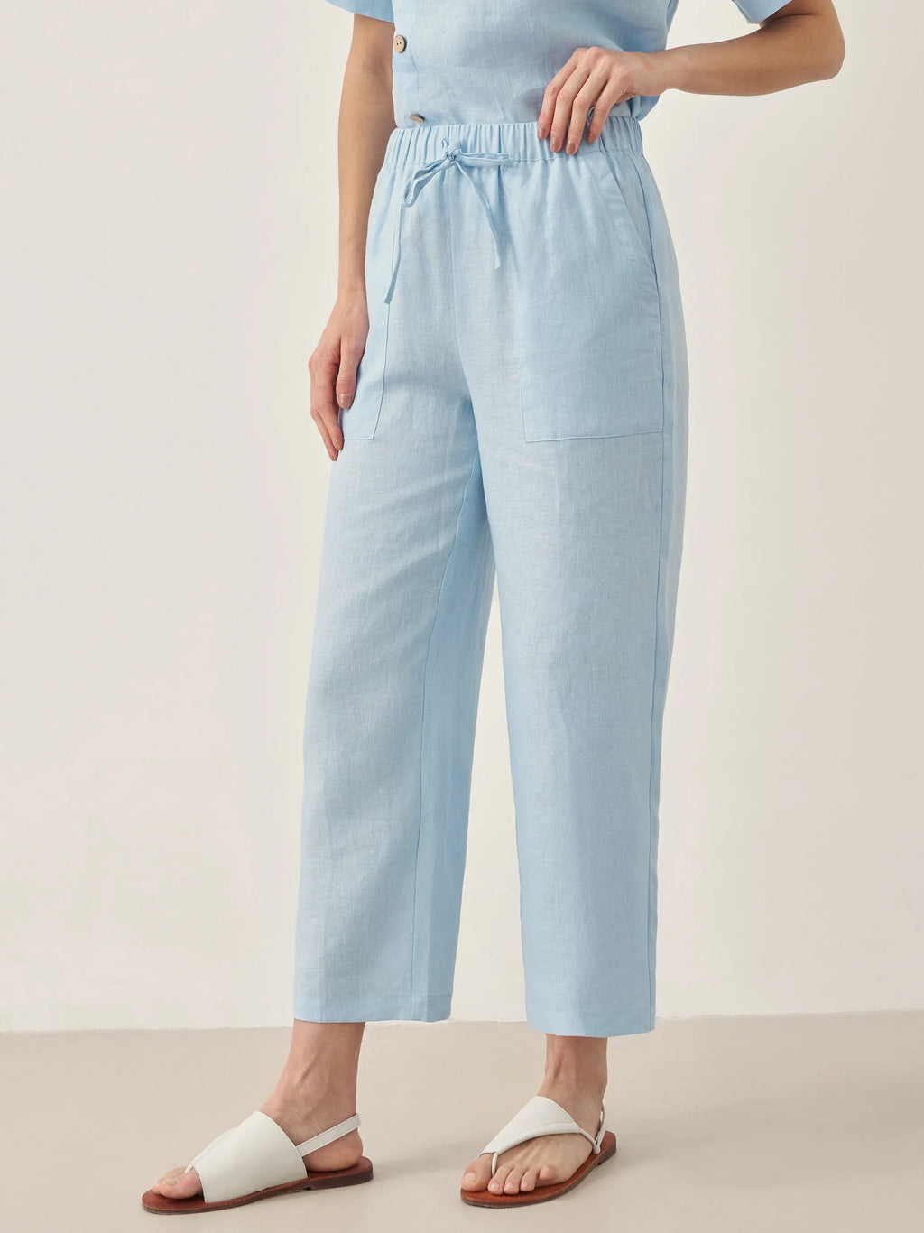 100% Linen Short-Sleeve Round Neck Button Detail Top & Pants Set JOSIE LINTICO
