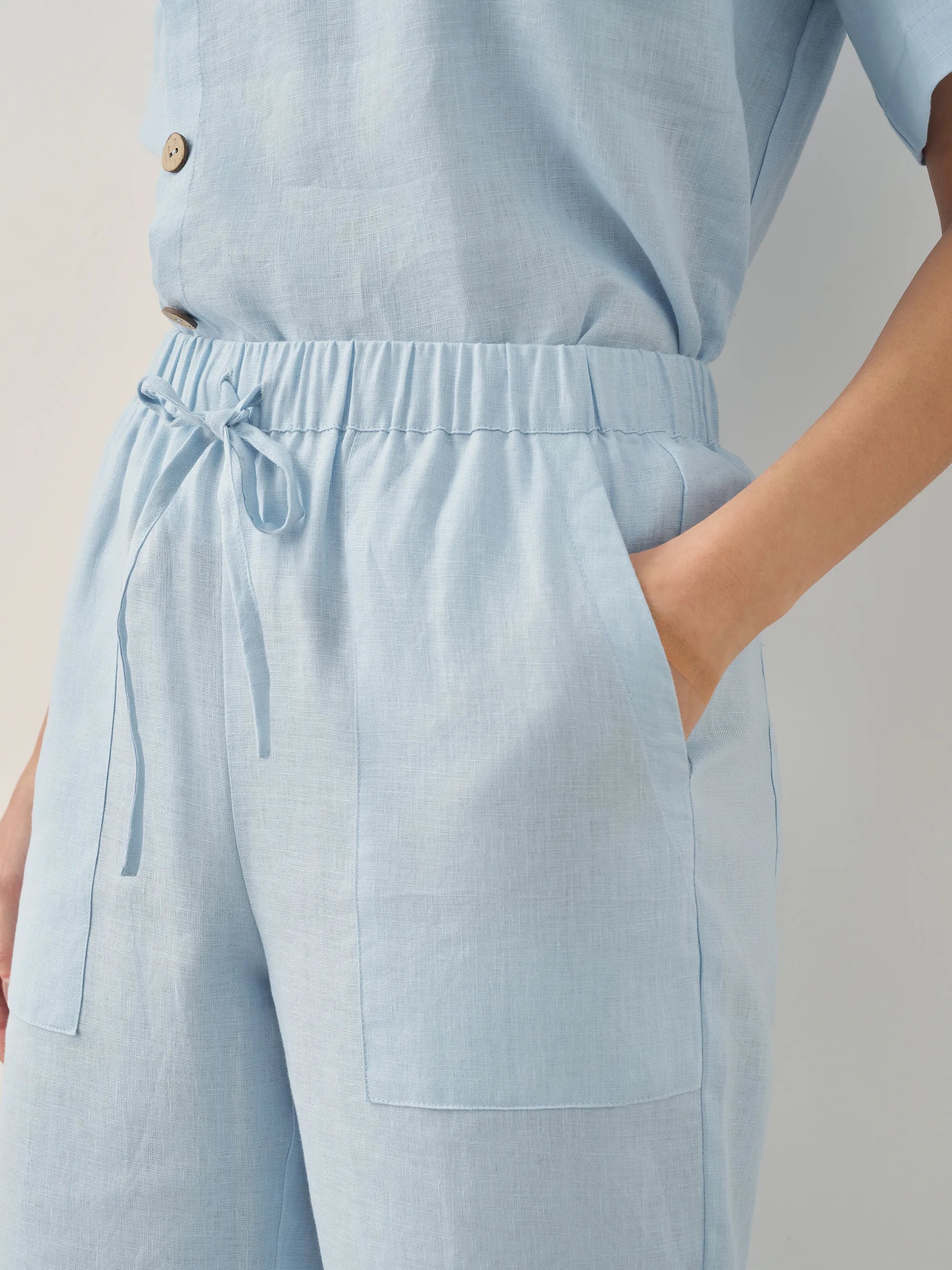 100% Linen Short-Sleeve Round Neck Button Detail Top & Pants Set JOSIE LINTICO