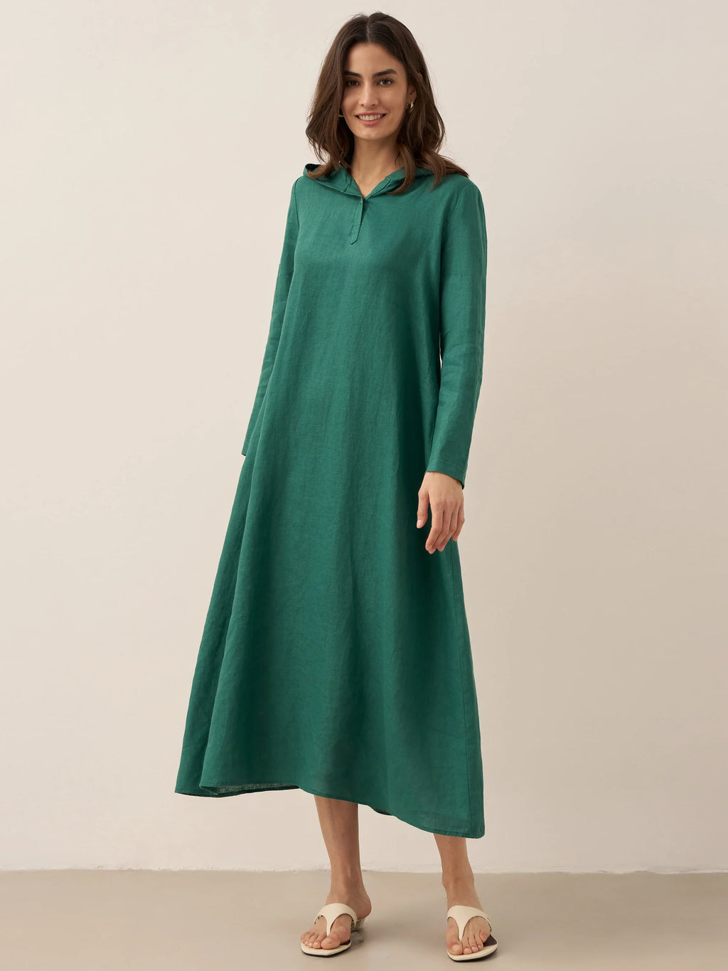 100% Linen Hooded Pullover Midi Dress REBECCA LINTICO
