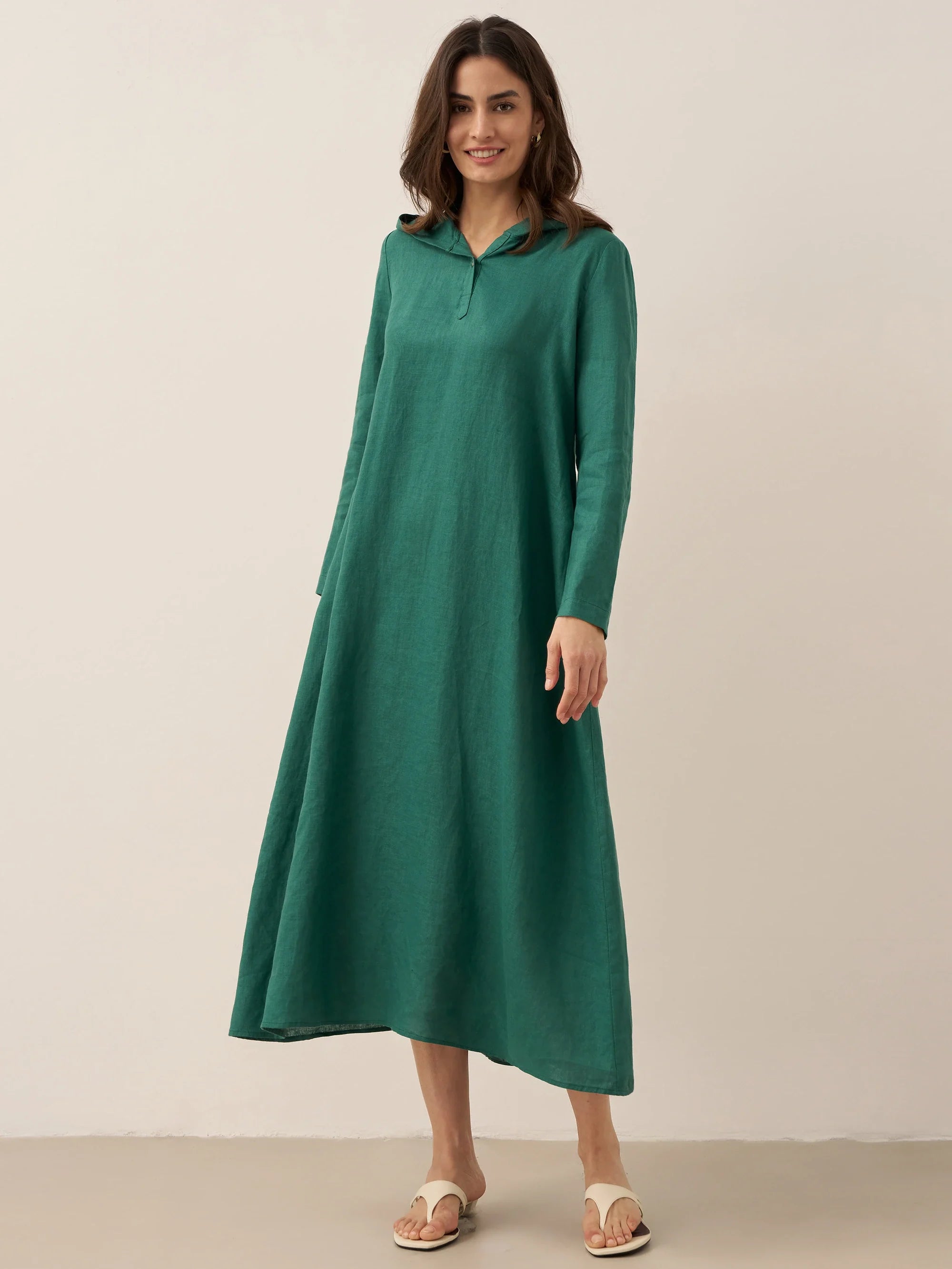 100% Linen Hooded Pullover Midi Dress REBECCA LINTICO