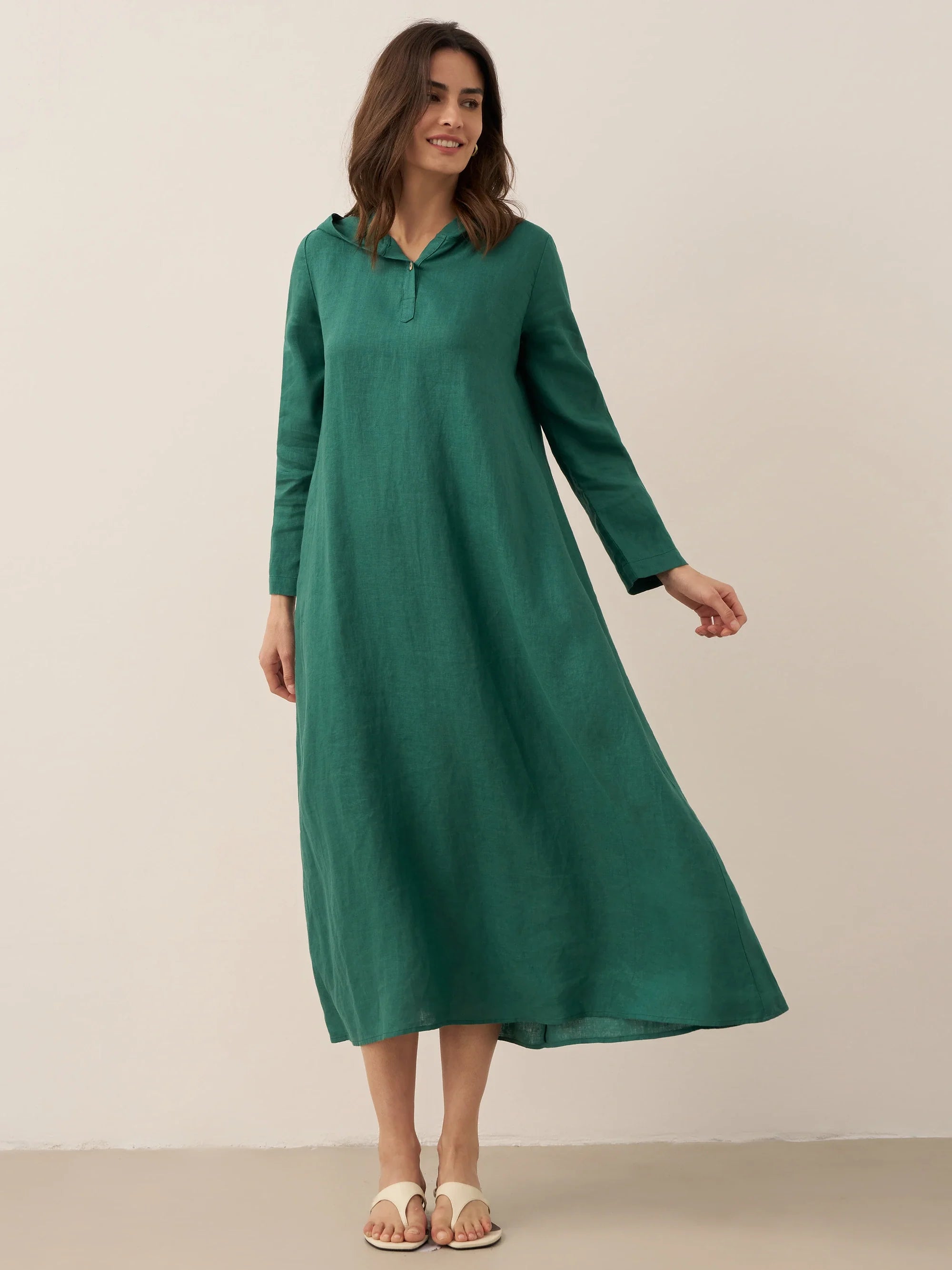 100% Linen Hooded Pullover Midi Dress REBECCA LINTICO