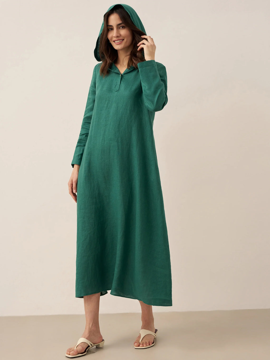 100% Linen Hooded Pullover Midi Dress REBECCA LINTICO
