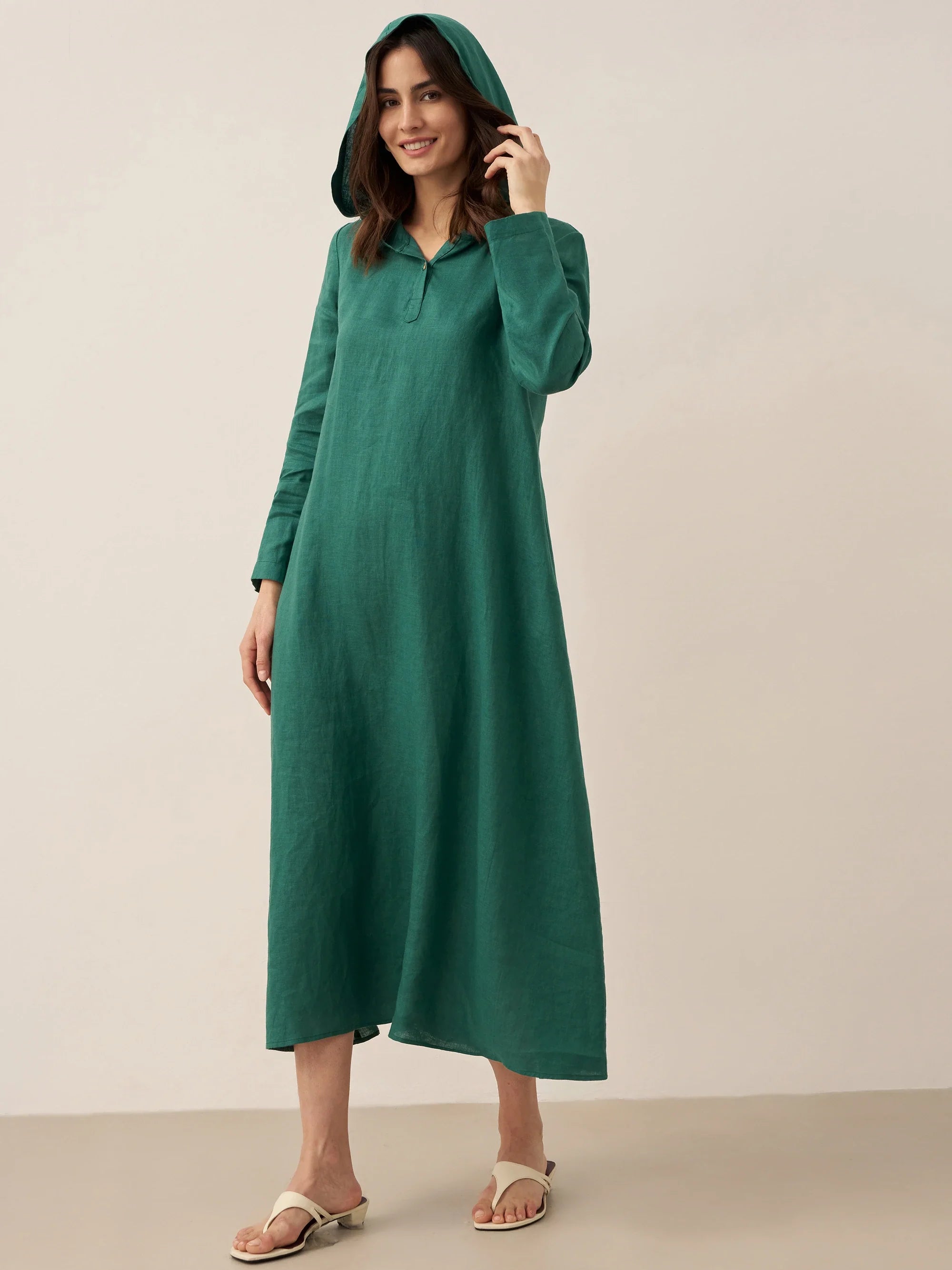 100% Linen Hooded Pullover Midi Dress REBECCA LINTICO