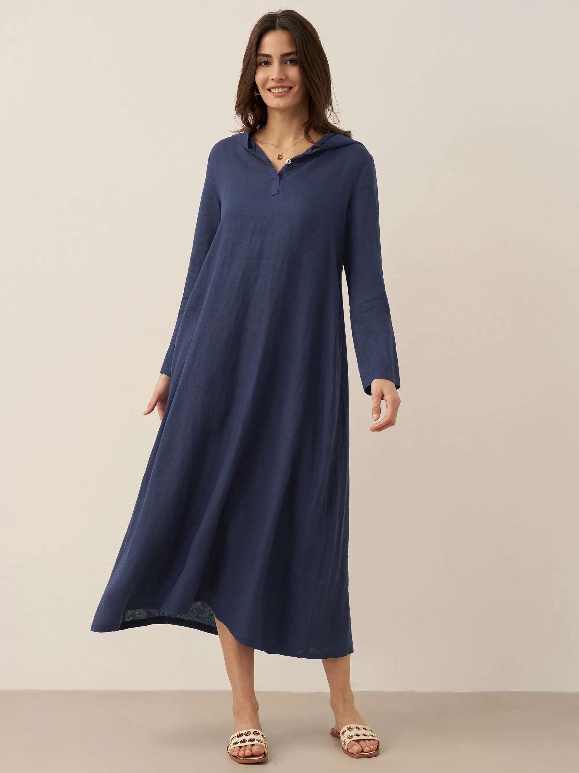 100% Linen Hooded Pullover Midi Dress REBECCA LINTICO