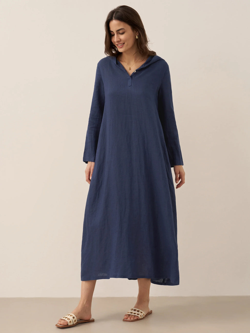 100% Linen Hooded Pullover Midi Dress REBECCA LINTICO