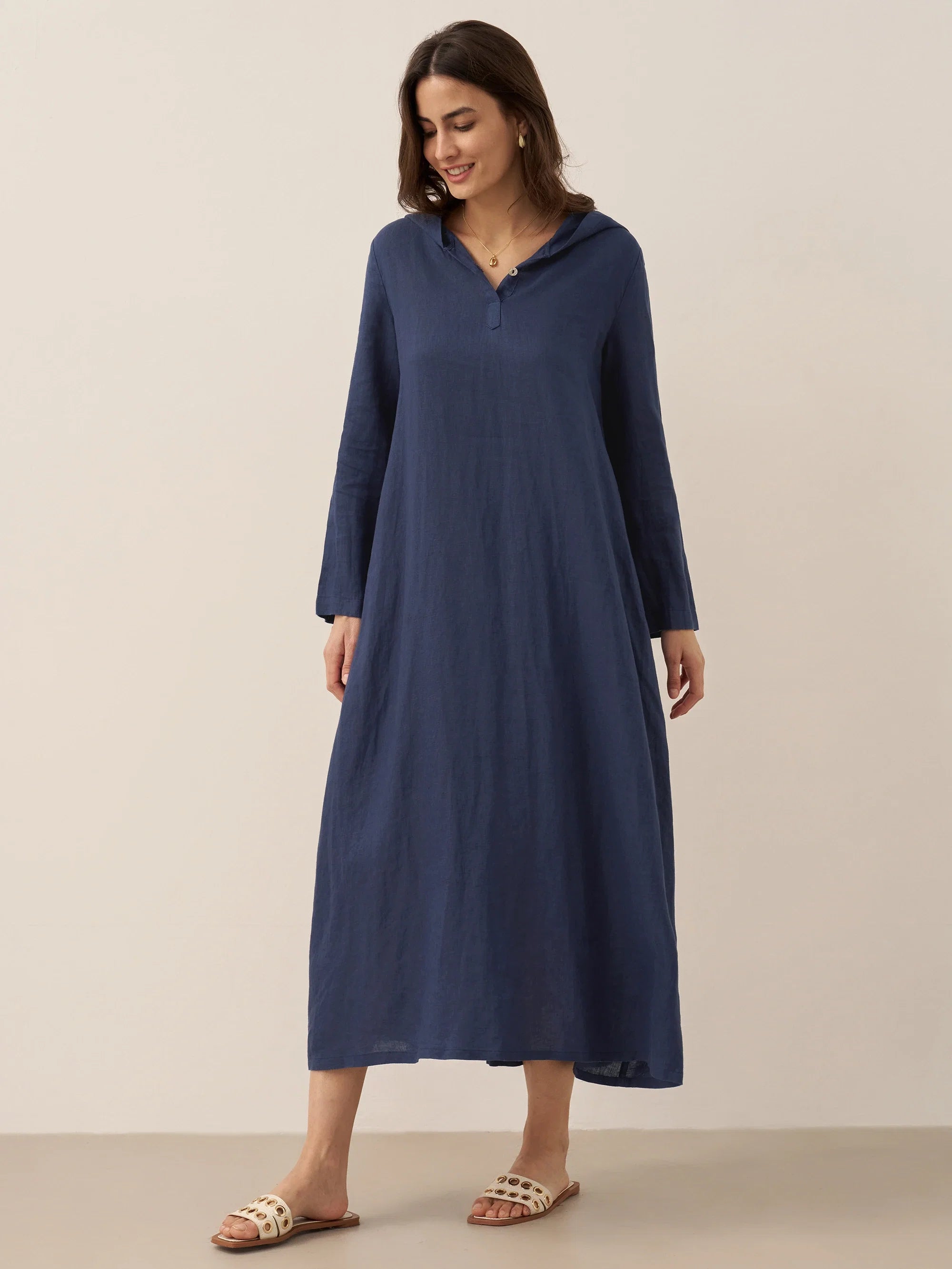 100% Linen Hooded Pullover Midi Dress REBECCA LINTICO