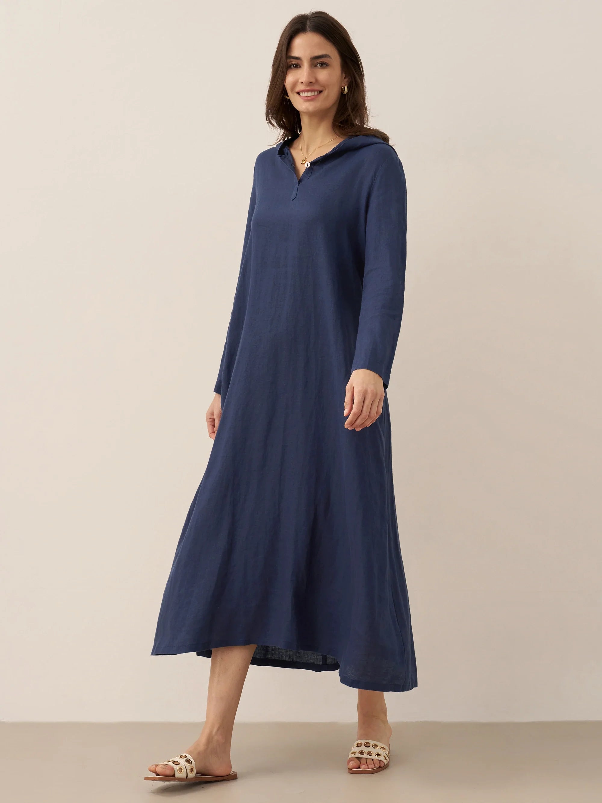 100% Linen Hooded Pullover Midi Dress REBECCA LINTICO