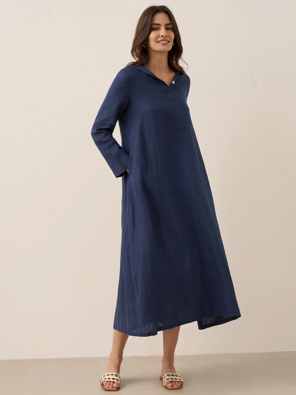 100% Linen Hooded Pullover Midi Dress REBECCA LINTICO