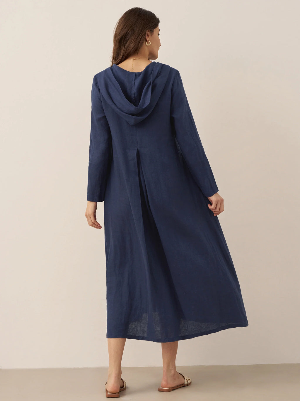 100% Linen Hooded Pullover Midi Dress REBECCA LINTICO