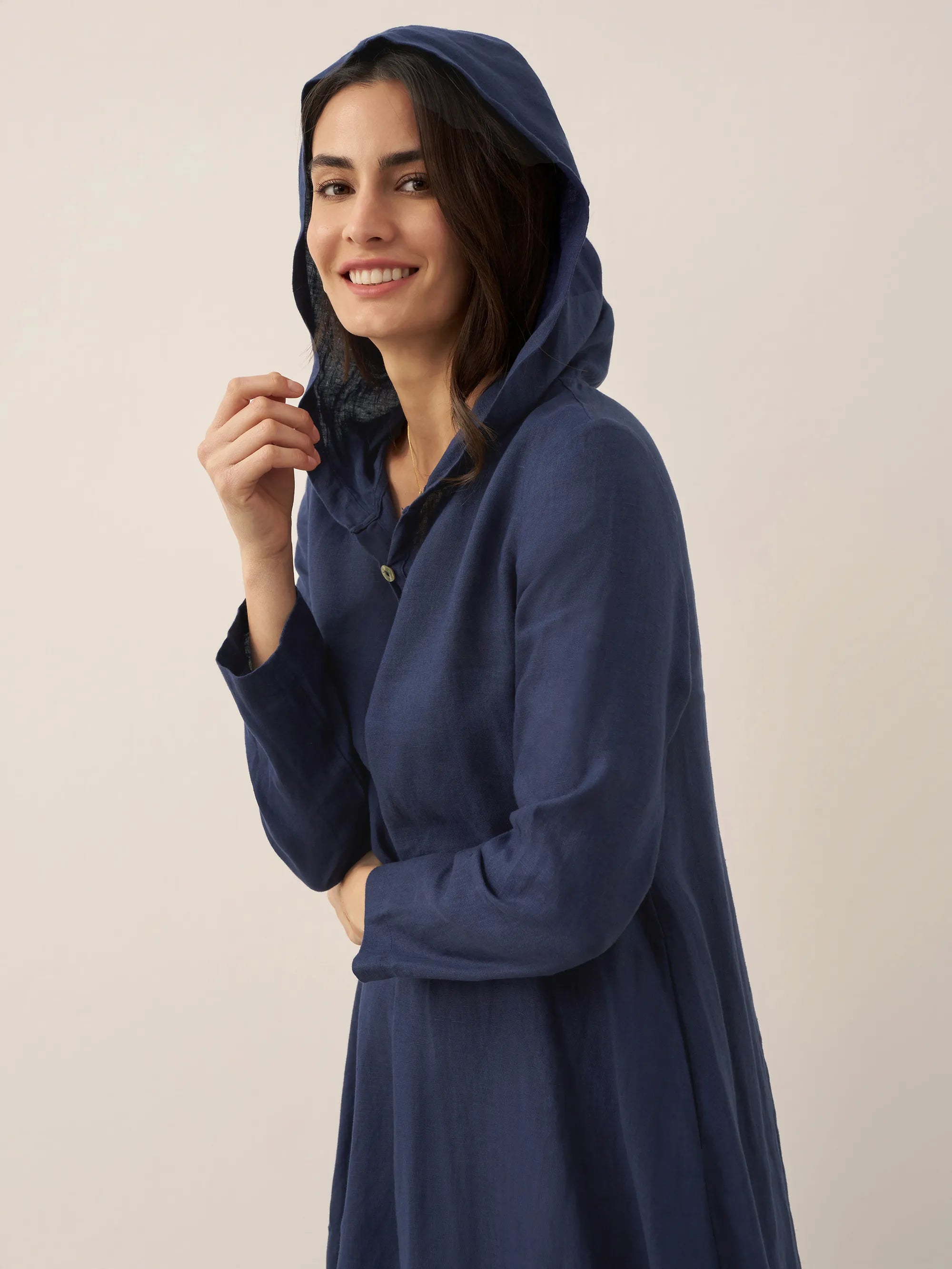 100% Linen Hooded Pullover Midi Dress REBECCA LINTICO