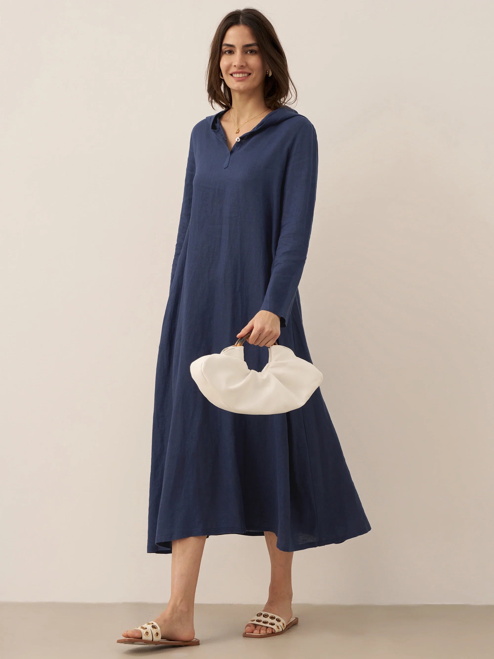 100% Linen Hooded Pullover Midi Dress REBECCA LINTICO