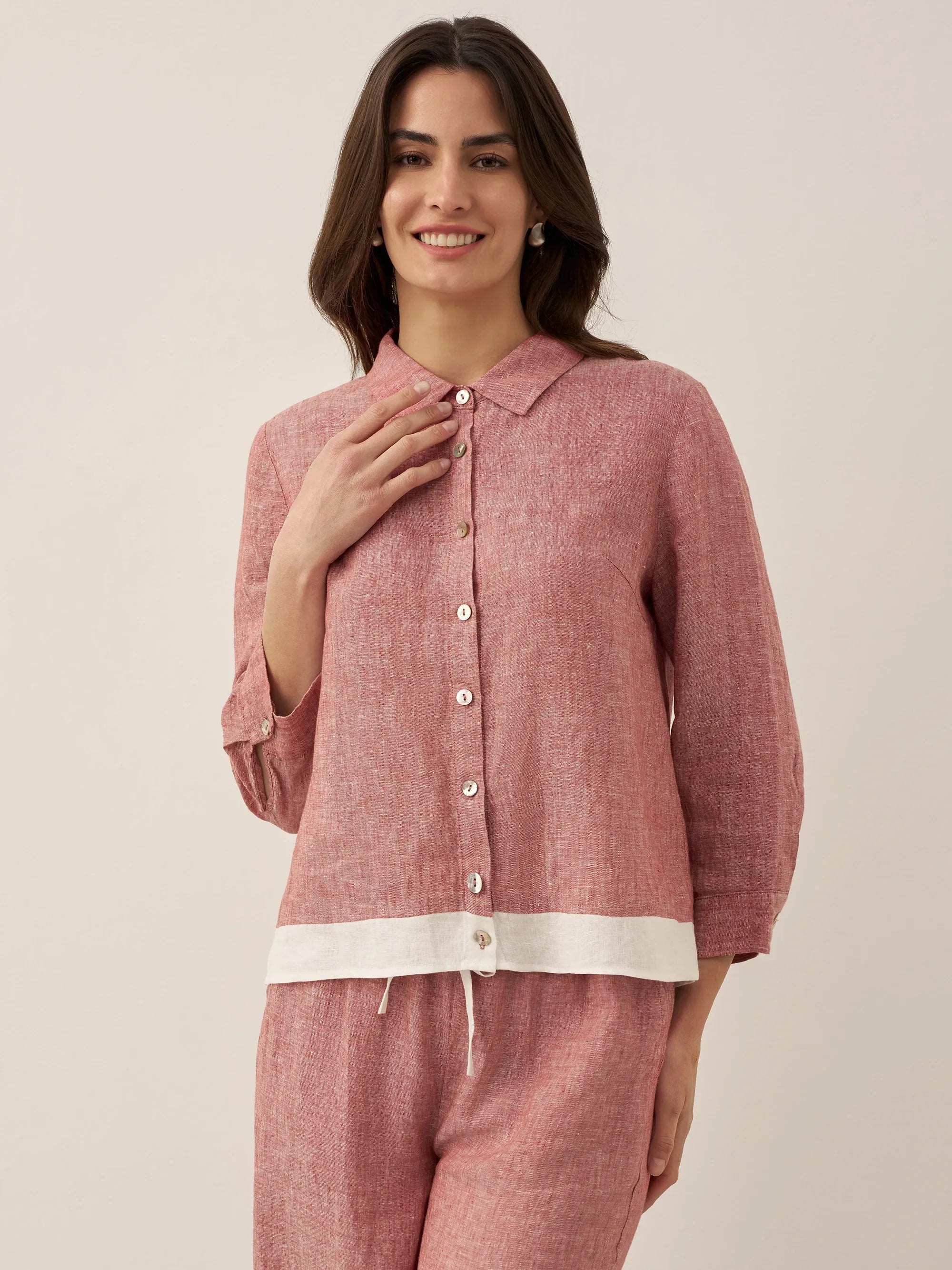 100% Linen Buttoned Closure Color-Blocked Shirt JANICE LINTICO