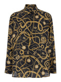 Balmain Men Black Shirt With Pointed Collar And Chain Print With Logo In Silk Man