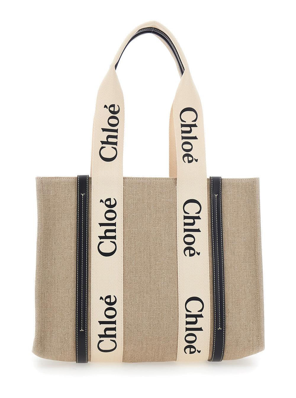 Chloé Women Handbag 'Medium Woody' With Logo Lettering On The Front In Beige Linen For Women