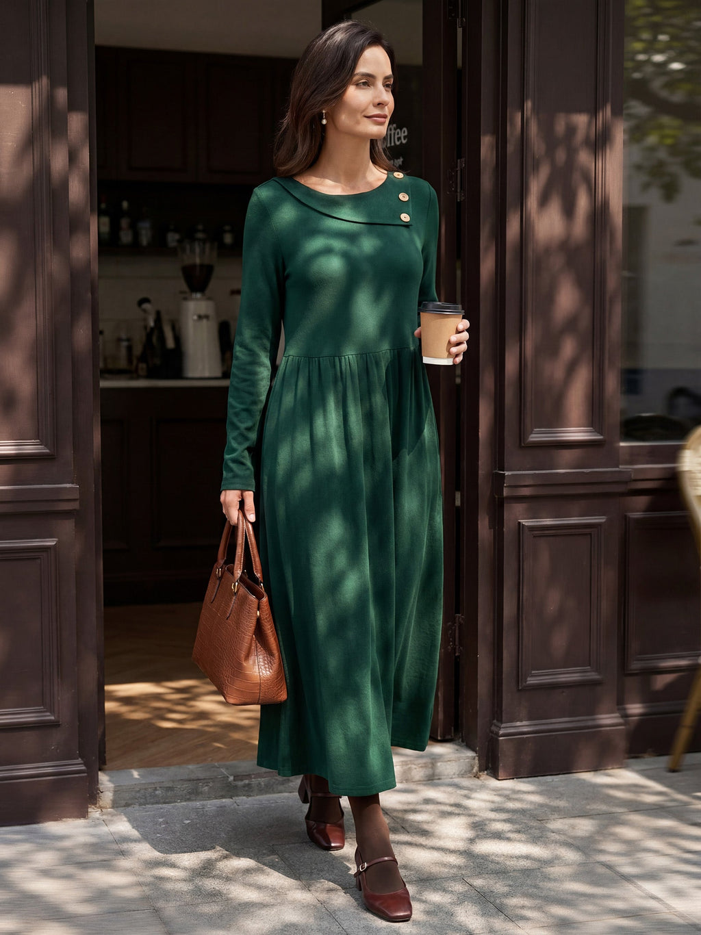 Wool Layered Neck Pleated Midi Dress BILLIE LINTICO