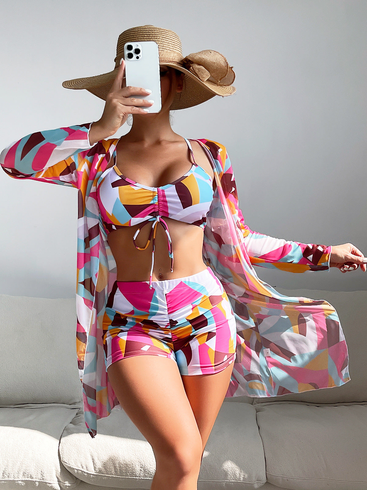 Mesh Cover-Up Three-Piece Swimwear Set – Bikini with Leg-Length Briefs FitiqueFit