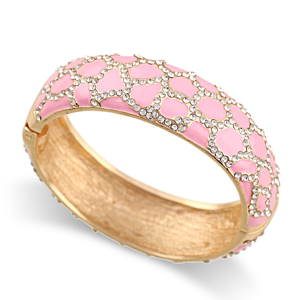 Leopard patterned enamel full diamond drop glaze fashionable alloy open bracelet in 6 colors V.I.P Digital Presence