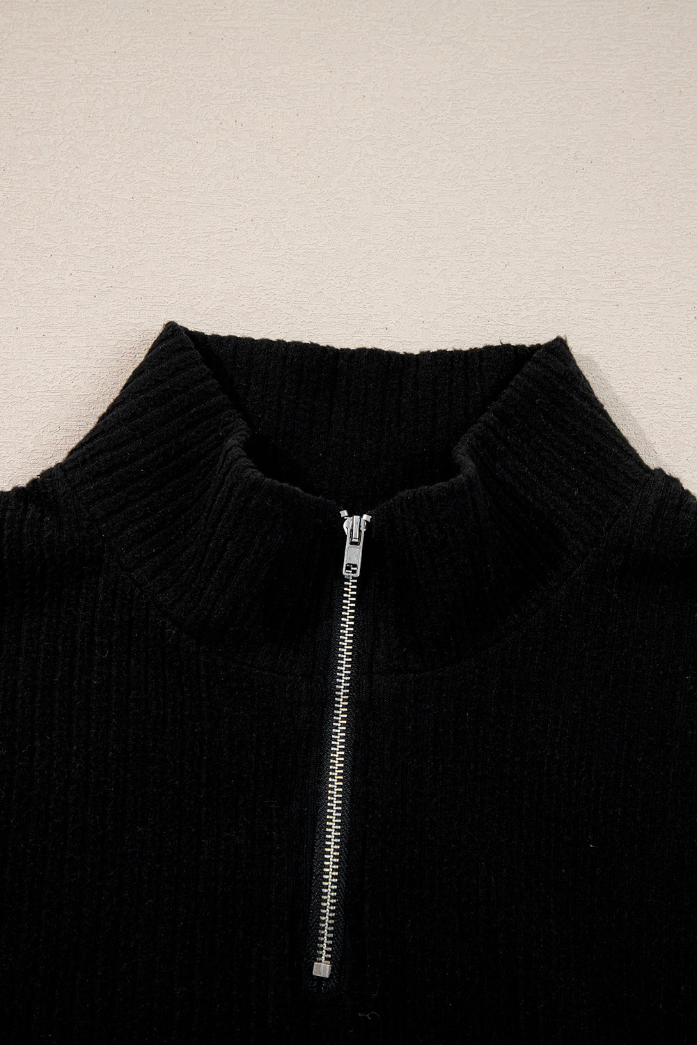Black Ribbed Zip Neck Drop Shoulder Pullover Bodycon Skirt Set