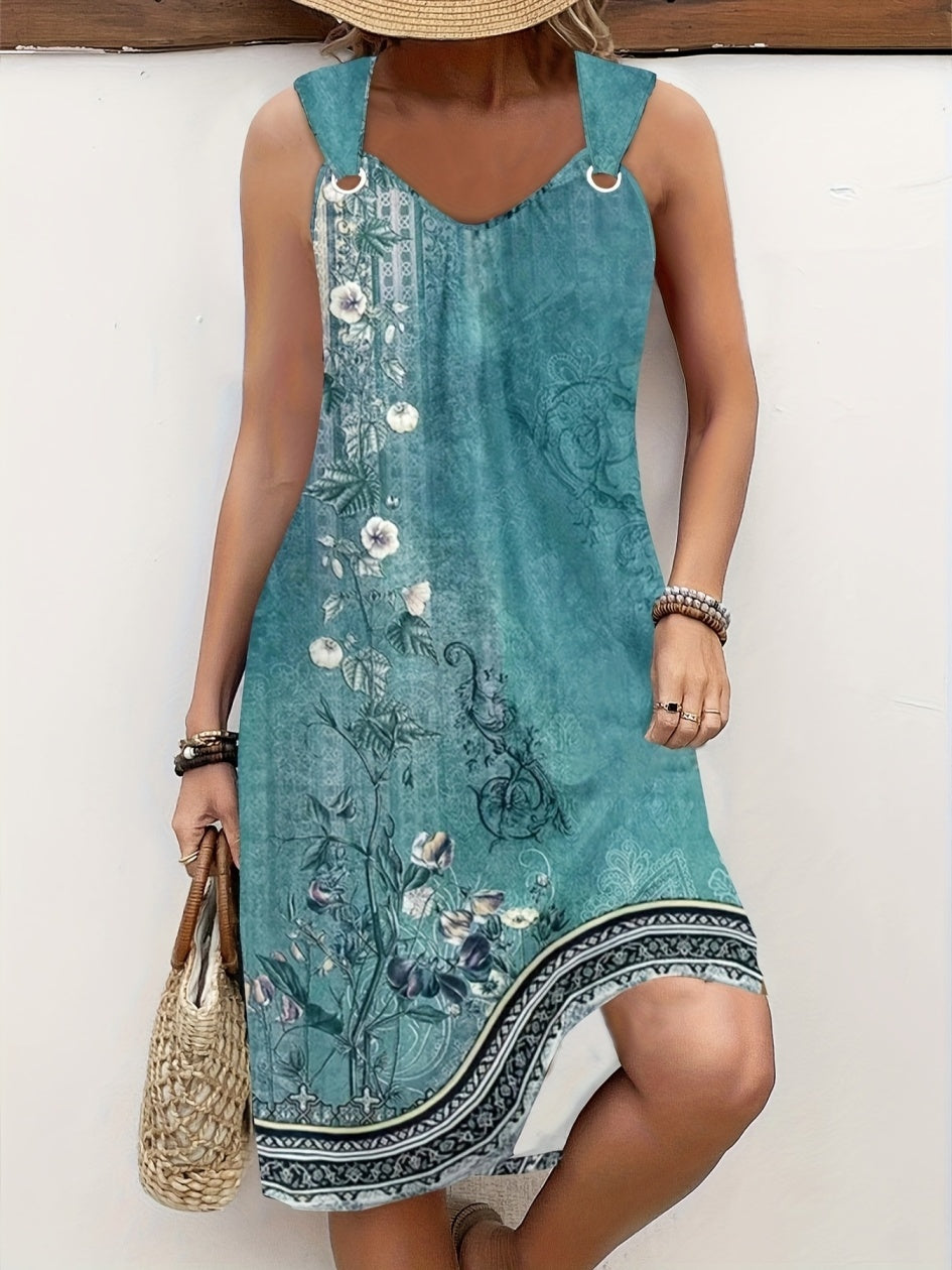 Plus Size Boho Floral Print Sleeveless Midi Dress – Women's Vintage Ethnic Border Dress FitiqueFit